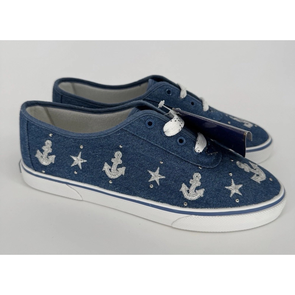 90s Women's Sneakers 8.5M Denim Embroidered‎ Nautical Anchors And Stars NEW
